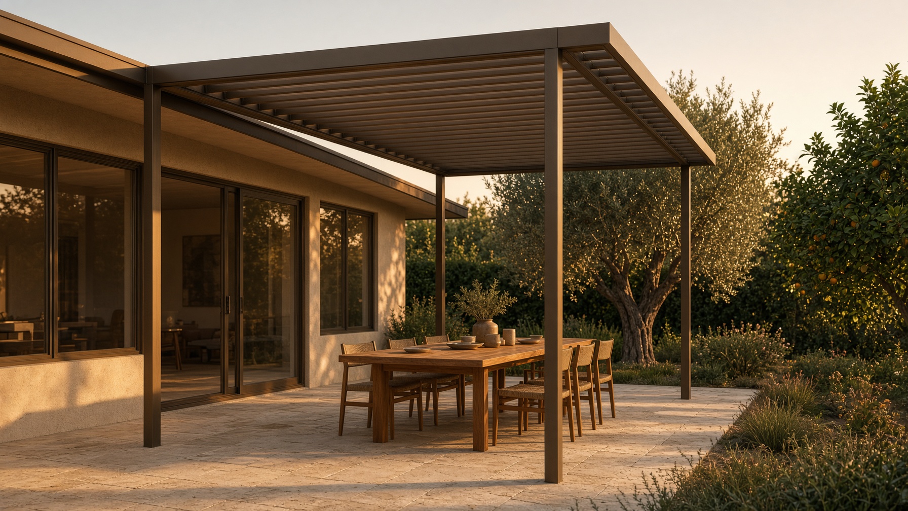 A Los Angeles dining terrace under a bronze louvered patio roof at golden hour