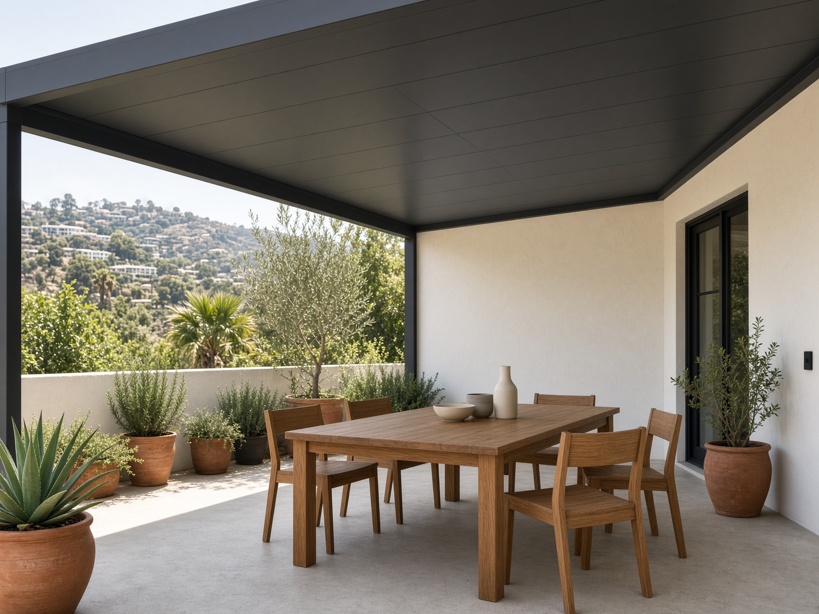 A solid insulated patio roof over a dining terrace, deep shade against bright California sun