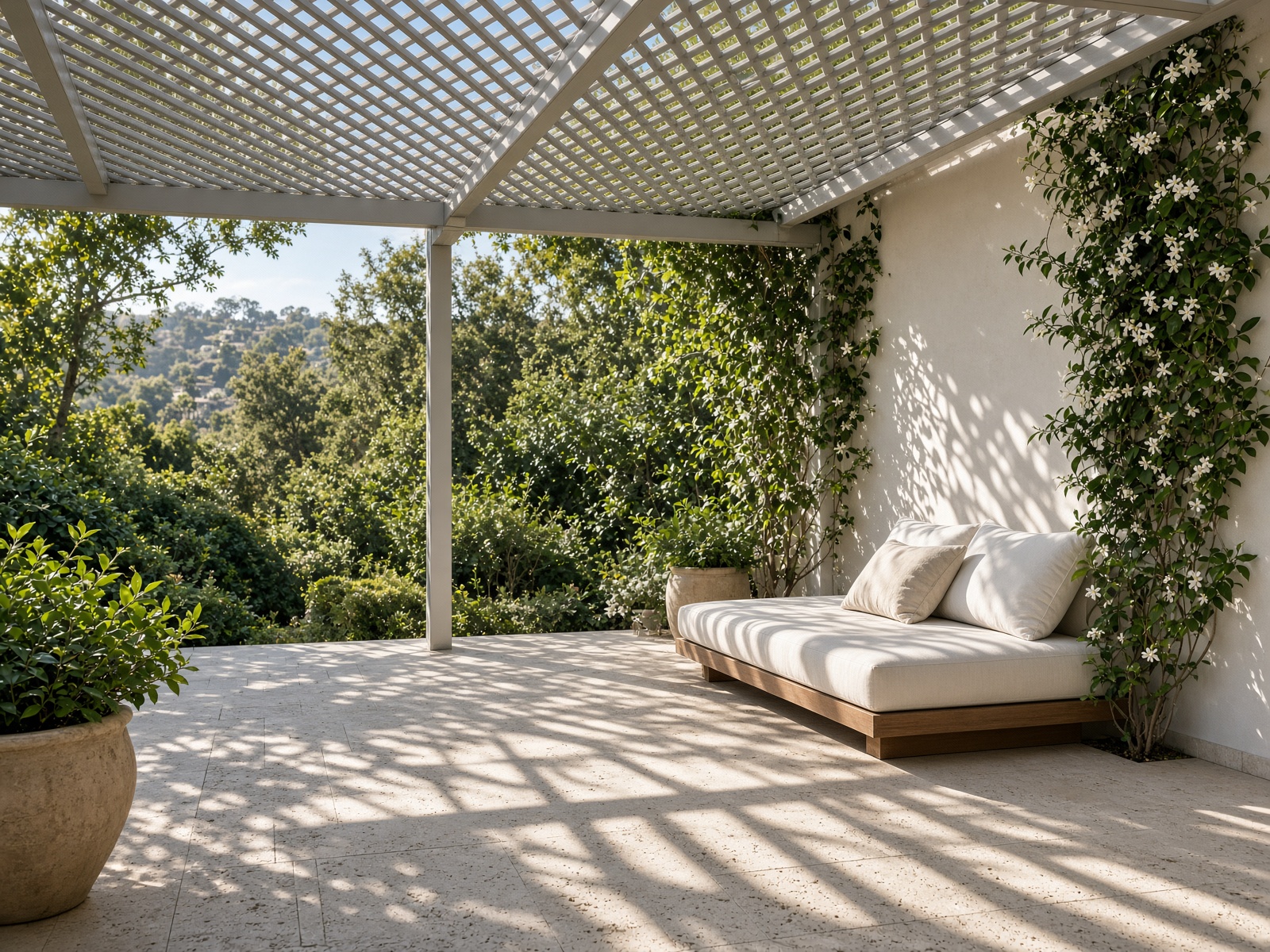An open lattice pergola with slatted light on limestone and a simple daybed