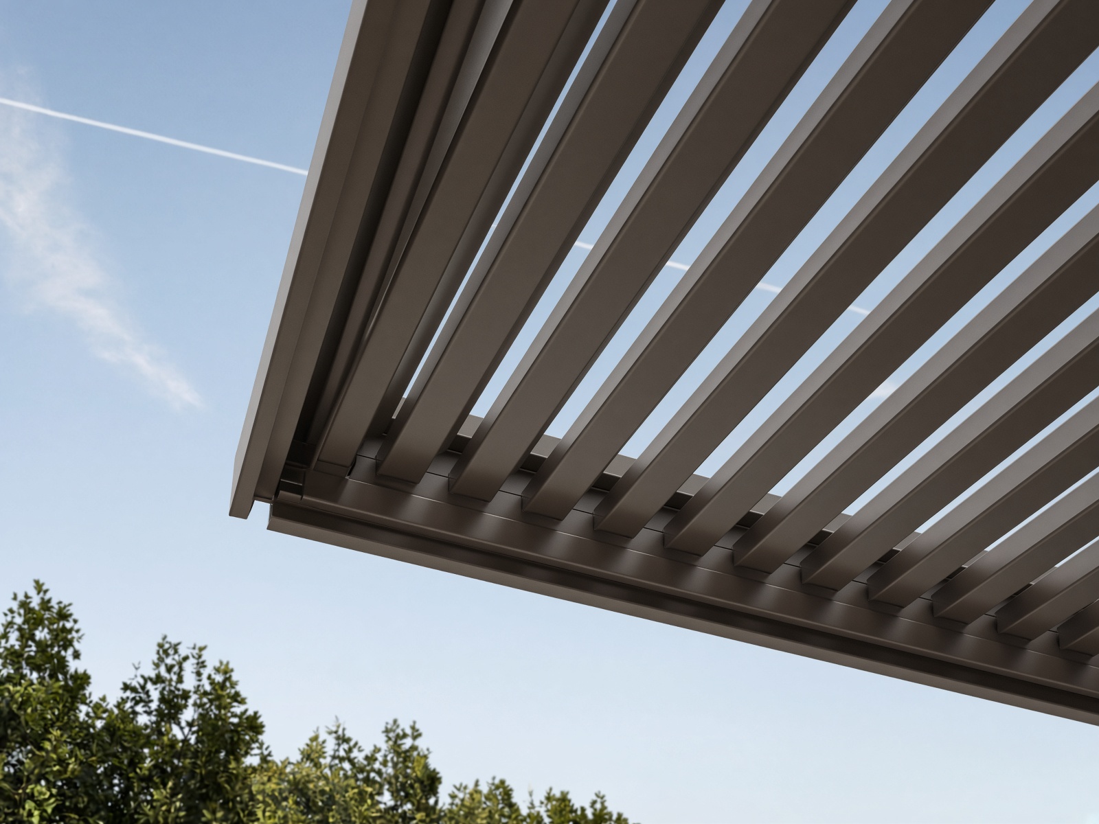 Looking up through half-open bronze aluminum louvers into a clear California sky