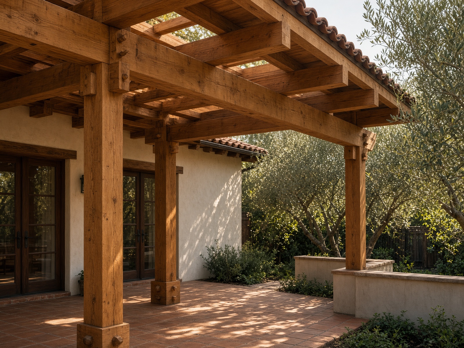 A heavy timber patio structure against a cream plaster house with clay tile